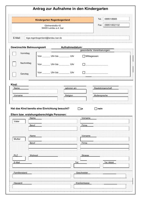 Antrag zur Aufnahme in den Kindergarten