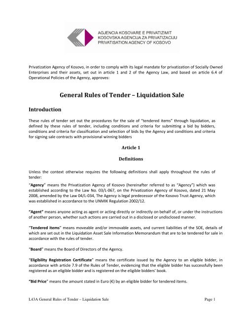 General Rules of Tender â Liquidation Sale