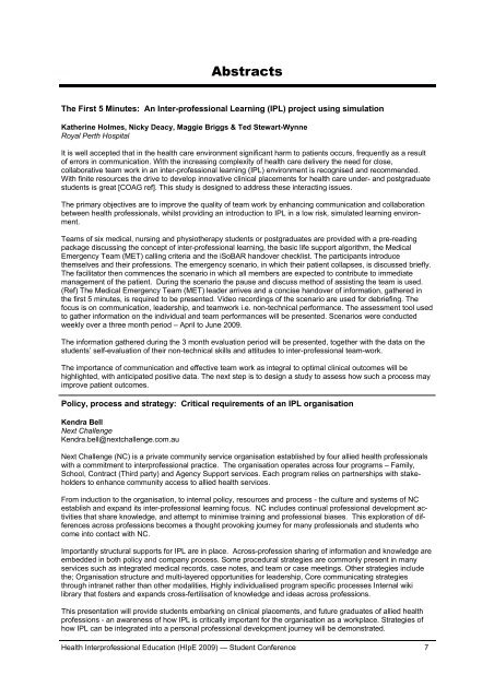 (HIpE) 2009 Program and Abstracts - Health Sciences - Curtin ...
