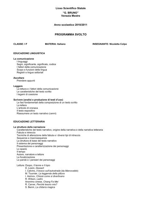 PROGRAMMA SVOLTO - Liceo Scientifico Giordano Bruno