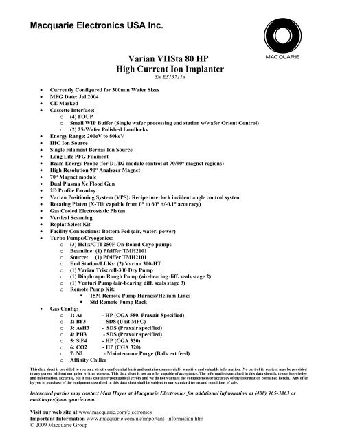 Macquarie Electronics USA Inc. Varian VIISta 80 HP High Current ...