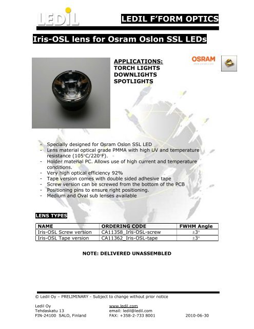 LEDIL F'FORM OPTICS Iris-OSL lens for Osram Oslon SSL LEDs