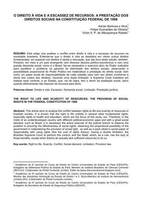o direito à vida ea escassez de recursos: a ... - Fabsoft - Cesupa