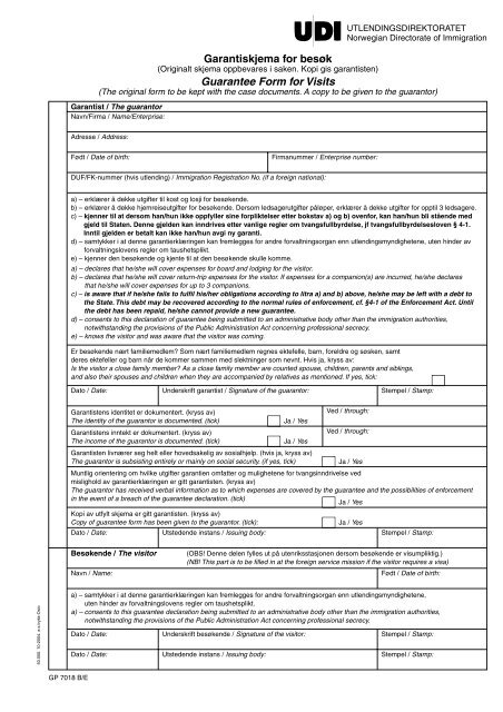 Guarantee Form for Visits Garantiskjema for besøk - UDI