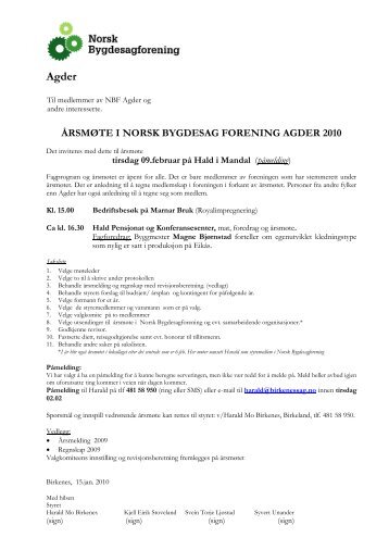 ÃƒÂ…RSMÃƒÂ˜TE I NORSK BYGDESAG FORENING AGDER 2010