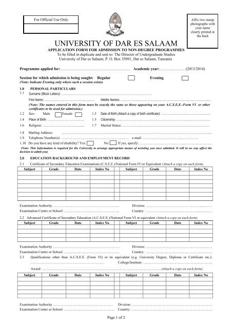 application form for admission to non-degree programmes