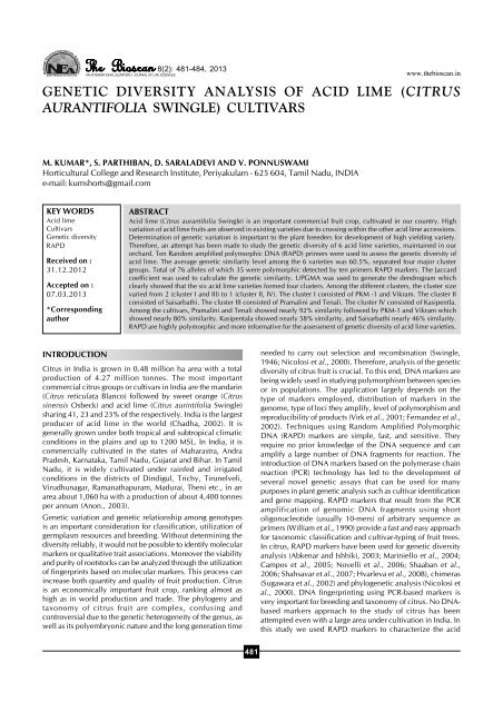 Genetic diversity analysis of acid lime (Citrus ... - THE BIOSCAN