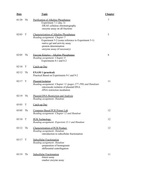 CHM 457 Biochemistry Laboratory Syllabus Winter 2009