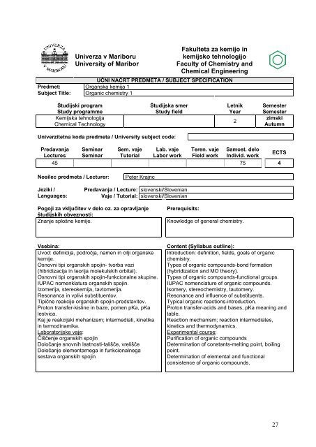 university of maribor faculty of chemistry and chemical engineering ...