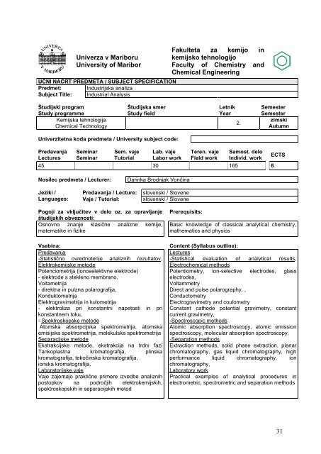 university of maribor faculty of chemistry and chemical engineering ...