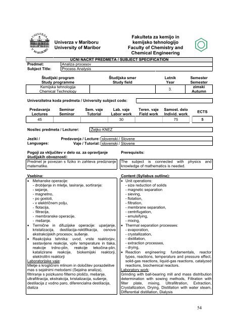 university of maribor faculty of chemistry and chemical engineering ...