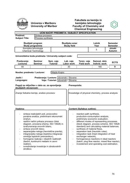 university of maribor faculty of chemistry and chemical engineering ...