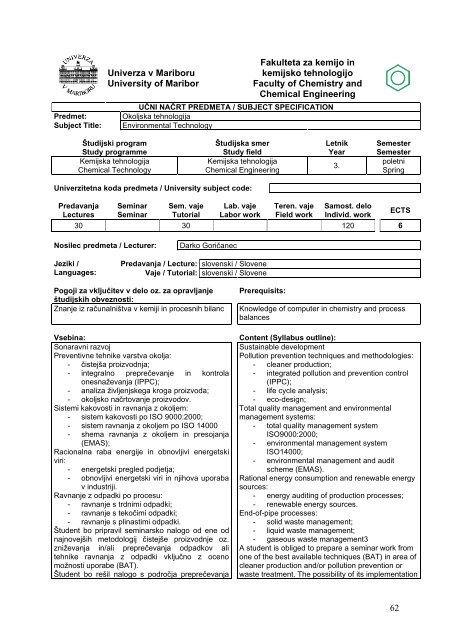 university of maribor faculty of chemistry and chemical engineering ...