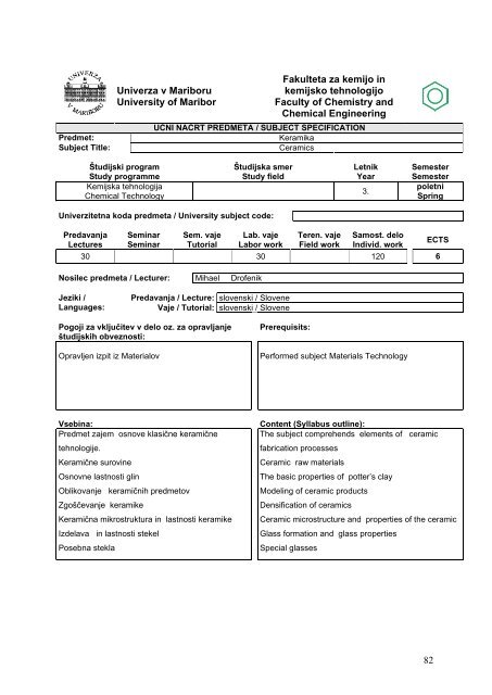 university of maribor faculty of chemistry and chemical engineering ...