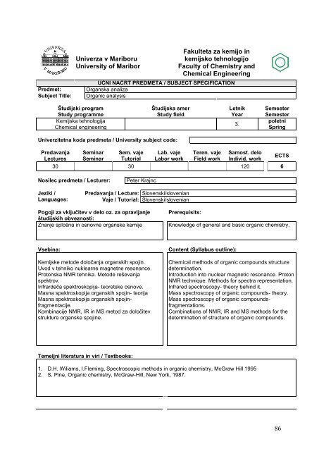 university of maribor faculty of chemistry and chemical engineering ...