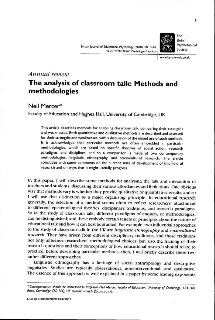 (2010). The analysis of classroom talk: Methods and methodologies ...