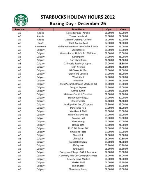 STARBUCKS HOLIDAY HOURS 2012 Boxing Day - December 26