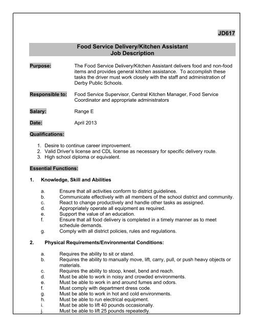 Jd617 Food Service Delivery Kitchen Assistant Job Description