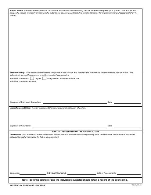 DEVELOPMENTAL COUNSELING FORM DA FORM 4856, JUN 1999