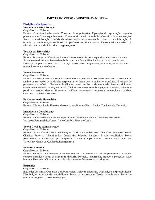 EMENTÁRIO CURSO ADMINISTRAÇÃO UFERSA Disciplinas ...