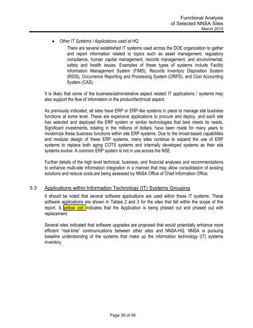 Functional Analysis of Selected NNSA Sites - National Nuclear ...