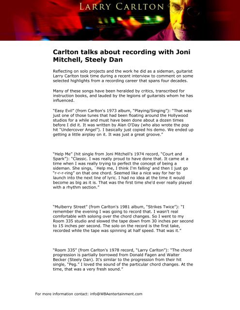 Carlton talks about recording with Joni Mitchell ... - Larry Carlton