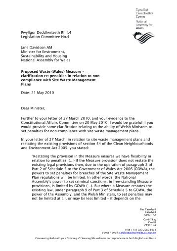 Letter from the Committee Chair to the Minister for Environment ...