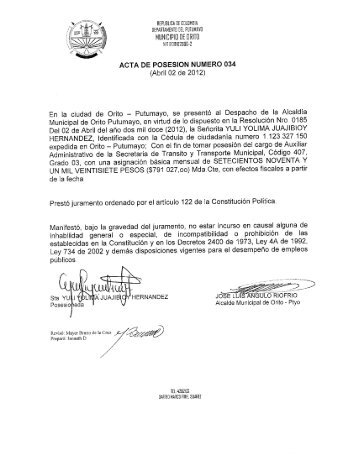 Descargar ACTA DE POSESIÓN No. 034 y RESOLUCIÓN No ... - Orito