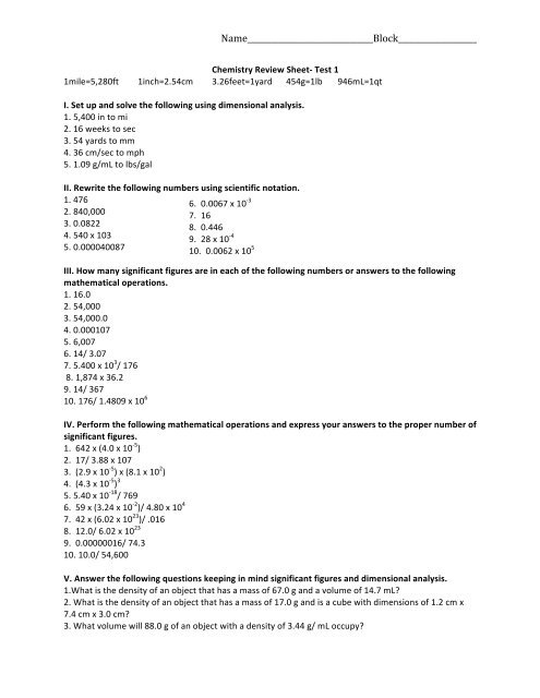 Chemistry Review Sheet Unit 1