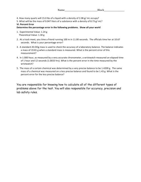 Chemistry Review Sheet Unit 1