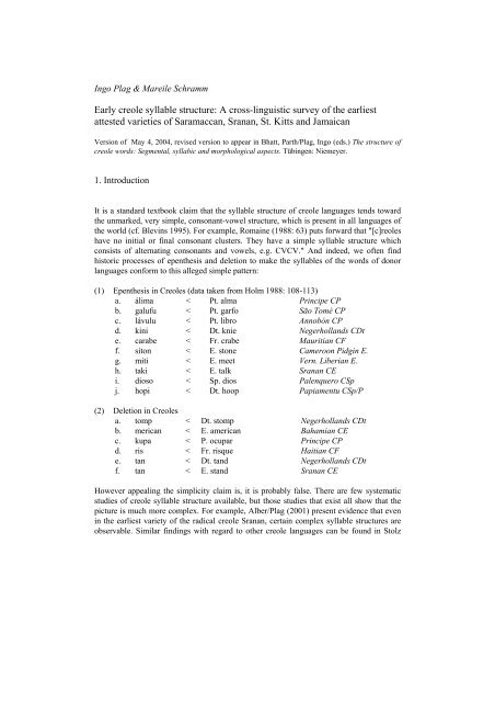 Early creole syllable structure: evidence from early varieties