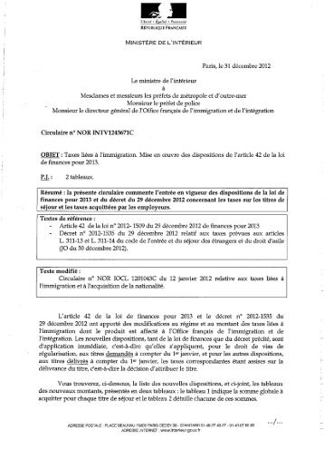 Circulaire INTV1243671C du 31 dÃ©cembre 2012 relative aux taxes ...