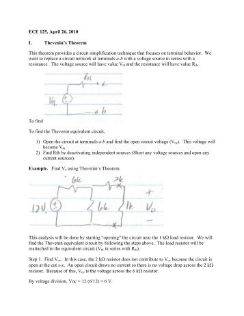 ECE 125, April 26, 2010 I. Thevenin's Theorem This theorem ...