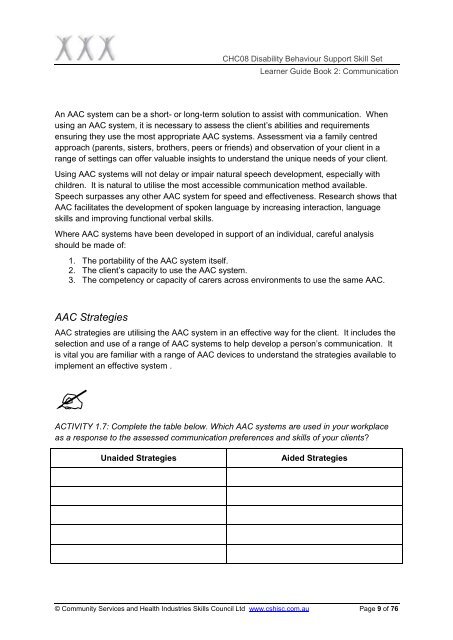 CHC08 Disability Behaviour Support Skill Set Learner Resource ...