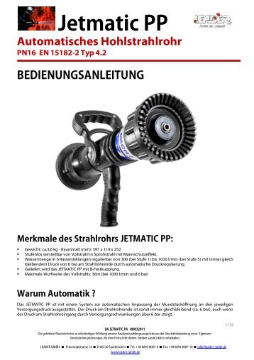 Bedienungsanleitung Jetmatic PP Hohlstrahlrohr (1.84 Mo) - Leader