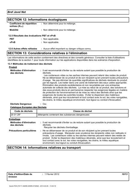 FICHE DE DONNÃES DE SÃCURITÃ Bref Javel Net