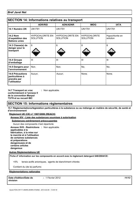 FICHE DE DONNÃES DE SÃCURITÃ Bref Javel Net