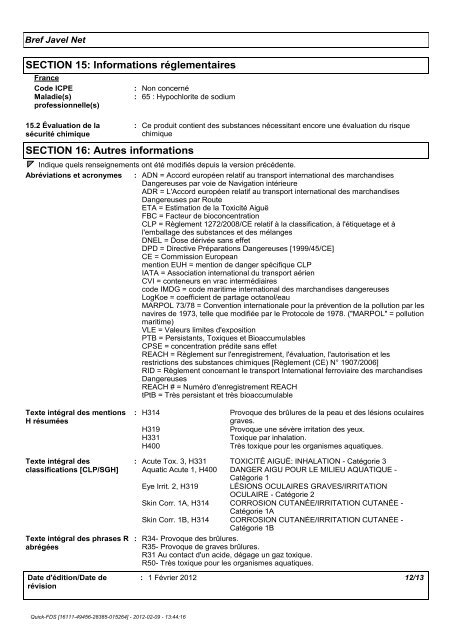 FICHE DE DONNÃES DE SÃCURITÃ Bref Javel Net