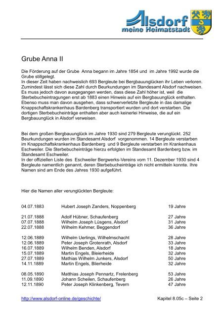 Zum Gedenken an die tödlich verunglückten Bergleute der Grube ...