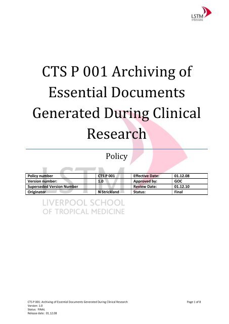 CTS P 001 Archiving of Essential Documents Generated During ...