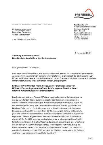 Kritik von Pro Rheintal, Frank Gross, an der Stellungnahme von ...