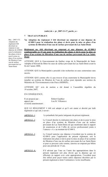 RÃ¨glement no. 644 dÃ©crÃ©tant un emprunt et une dÃ©pense de 62 000 ...