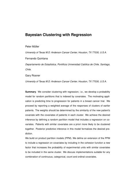 Bayesian Clustering with Regression - Facultad de MatemÃ¡ticas ...