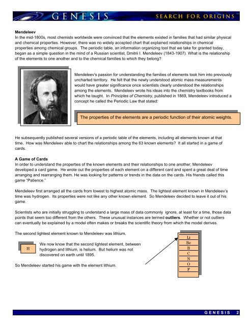 A Historic Overview: Mendeleev and the Periodic Table - Genesis