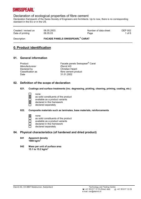 Declaration of ecological properties of fibre cement 0. Product ...