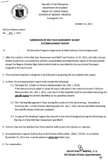 submission of mid year assessment & inset accomplishment report