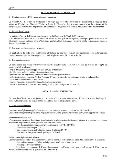 CAHIER DES CLAUSES TECHNIQUES PARTICULIERES (CCTP ...