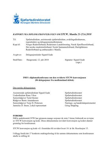 Rapport dipkon STCW 2010. - SjÃ¸fartsdirektoratet