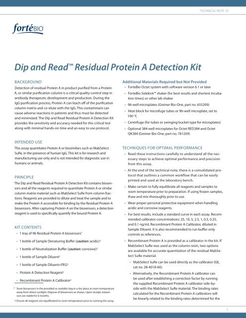 Dip and Readâ¢ Residual Protein A Detection Kit - ForteBio
