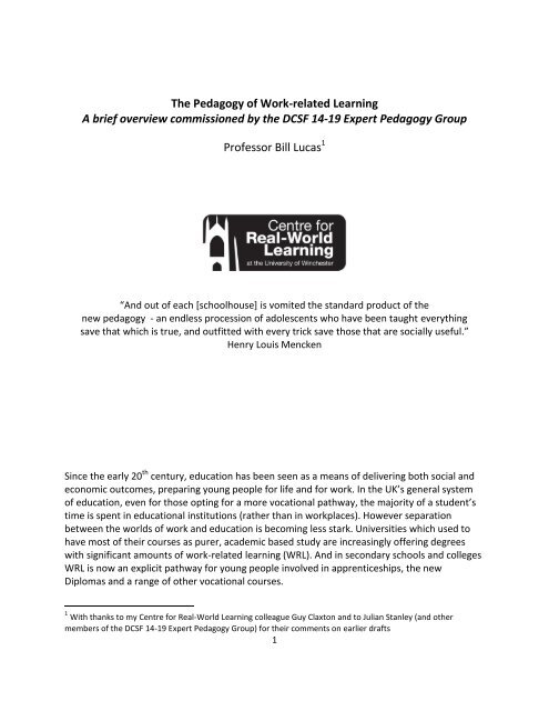 The Pedagogy of Work-based Learning - University of Winchester